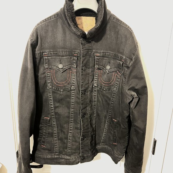 Authentic TRUE RELIGION Men's Casual Black Button Down Trucker Jacket Sz.3XL